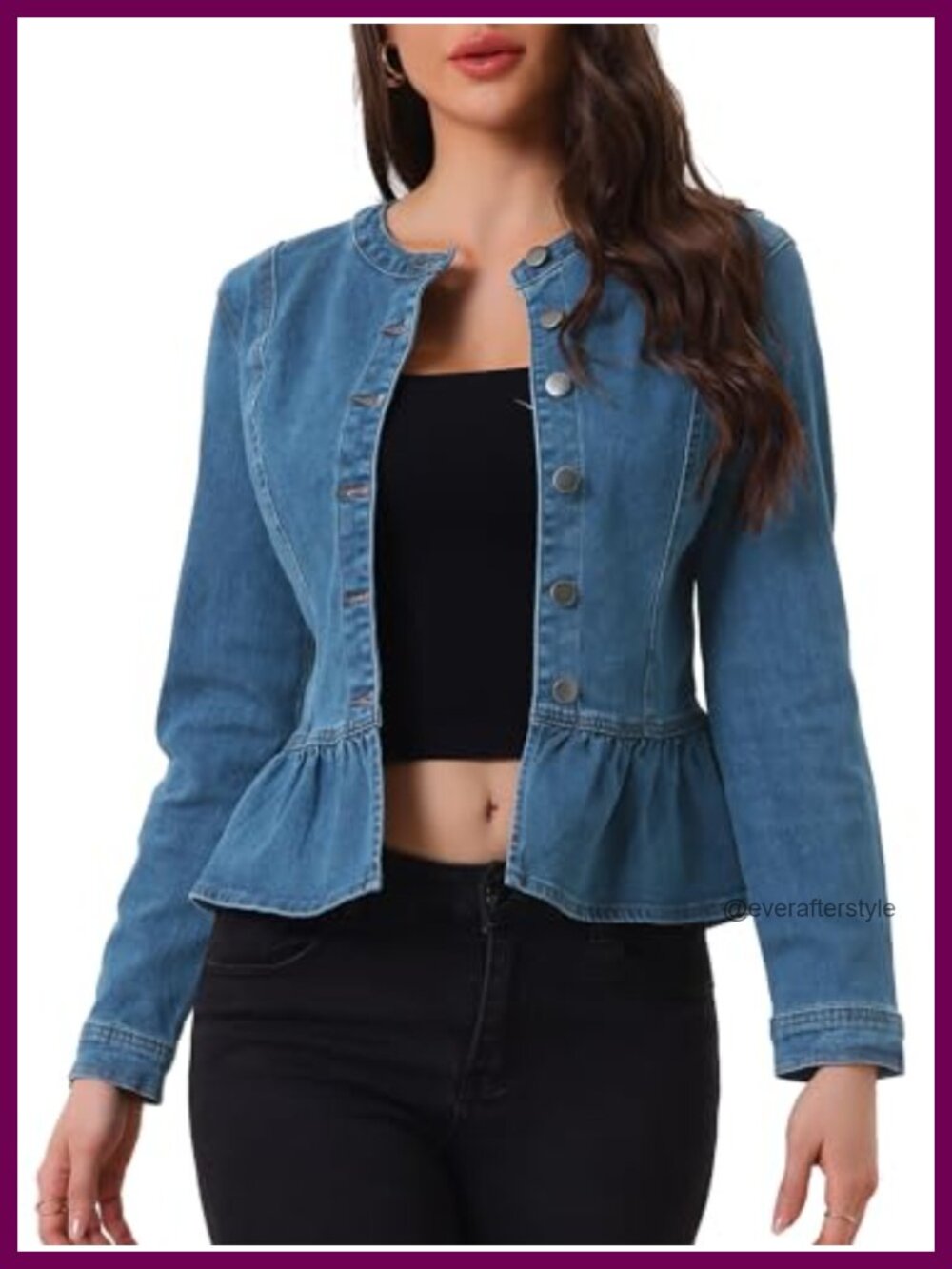 Women's Collarless Peplum Denim Jacket Ruffle Hem Puff Sleeve